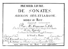 Partition Sonata No.1 en G major, Premier livre de sonates à violon seul et la basse.... par Mr Francoeur le fils... Gravée par le sr Hue