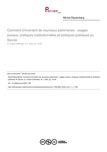 Comment s inventent de nouveaux patrimoines : usages sociaux, pratiques institutionnelles et politiques publiques en Savoie - article ; n°1 ; vol.1, pg 19-40