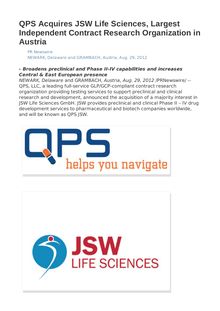 QPS Acquires JSW Life Sciences, Largest Independent Contract Research Organization in Austria