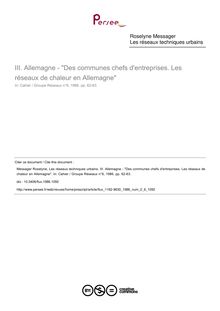 Allemagne - Des communes chefs d entreprises. Les réseaux de chaleur en Allemagne - article ; n°6 ; vol.2, pg 62-63