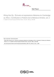 Khing Hoc Dy : Écrivains et expressions littéraires du Cambodge au XXe s. Contribution à l histoire de la littérature khmère, vol. 2 - article ; n°1 ; vol.85, pg 495-498