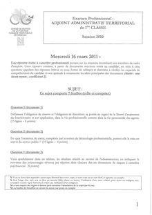 Epreuve écrite 2010 Examen professionnel Adjoint administratif territorial de 1ère classe