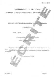Sciences et techniques sanitaires et sociales (écrit) 2009 S.T.2.S (Sciences et technologies de la santé et du social) Baccalauréat technologique