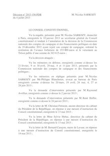 Décision du Conseil constitutionnel sur un recours de M. Nicolas Sarkozy dirigé contre la décision du 19 décembre 2012 de la Commission nationale des comptes de campagnes et des financements politiques