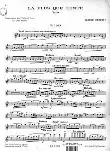 Partition de violon, La plus que lente, Debussy, Claude