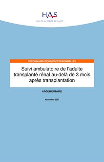 Suivi ambulatoire de l’adulte transplanté rénal au-delà de 3 mois après transplantation - Suivi du transplanté rénal - Argumentaire