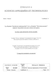 Sciences appliquées et technologies 2005 Hôtellerie Baccalauréat technologique