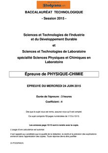 Sujet BAC STI2D et STL SPCL 2015 Physique-Chimie