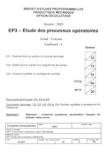 Etude des processus opératoires 2003 Décolletage BEP - Productique mécanique