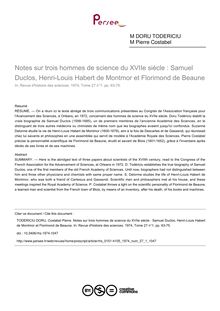 Notes sur trois hommes de science du XVIIe siècle : Samuel Duclos, Henri-Louis Habert de Montmor et Florimond de Beaune - article ; n°1 ; vol.27, pg 63-75