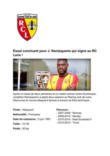 RC Lens : Jonathan Nanizayamo signe au club