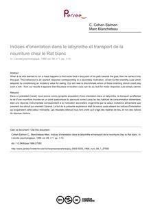 Indices d orientation dans le labyrinthe et transport de la nourriture chez le Rat blanc - article ; n°1 ; vol.68, pg 1-10