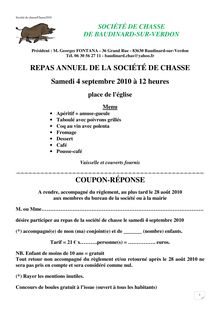 REPAS ANNUEL DE LA SOCIÉTÉ DE CHASSE Samedi 4 septembre 2010 à 12 ...