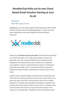 ResellerClub Rolls out its new Cloud Based Email Solution Starting at Just $1.49