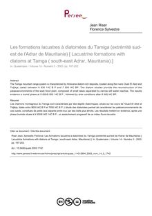 Les formations lacustres à diatomées du Tamiga (extrémité sud-est de l Adrar de Mauritanie) [ Lacustrine formations with diatoms at Tamga ( south-east Adrar, Mauritania).] - article ; n°3 ; vol.14, pg 197-202