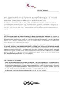 Les styles nationaux à l épreuve du marché unique : le cas des services financiers en France et au Royaume-Uni - article ; n°3 ; vol.15, pg 169-186