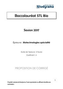 Corrigé Bac STL Bio 2017 - Biotechnologies spécialité