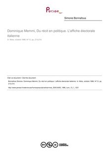 Dominique Memmi, Du récit en politique. L affiche électorale italienne  ; n°1 ; vol.13, pg 213-214
