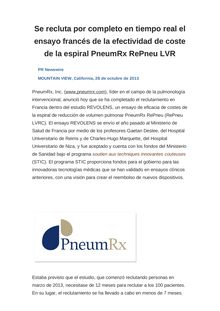 Se recluta por completo en tiempo real el ensayo francés de la efectividad de coste de la espiral PneumRx RePneu LVR