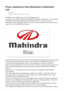 Press Statement from Mahindra & Mahindra Ltd.