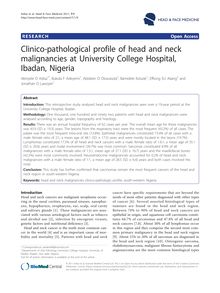 Clinico-pathological profile of head and neck malignancies at University College Hospital, Ibadan, Nigeria