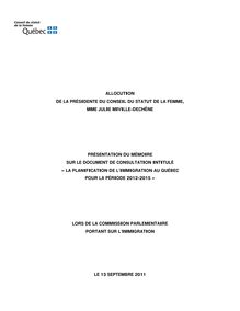 Allocution - Mémoire sur le document de consultation La planification de l immigration au Québec pour 2012-2015.