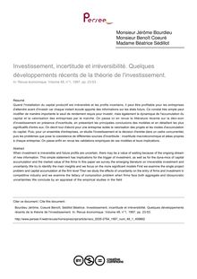 Investissement, incertitude et irréversibilité. Quelques développements récents de la théorie de l investissement.  - article ; n°1 ; vol.48, pg 23-53