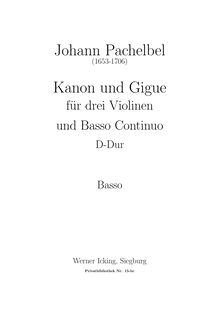 Partition Continuo (viole de gambe, violoncelle, basse, clavier), Canon et Gigue par Johann Pachelbel