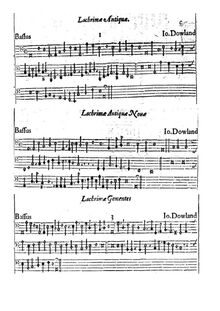 Partition Bassus, Lachrimae, ou Seven Tears, Lachrimae, or Seaven Teares figvred in Seaven Passionate Pauans, with diuers other Pauans, Galiards, and Almands, set forth for the Lute, Viols, or Violons, in fiue parts: By Iohn Dowland Bachelor of Musicke, and Lutenist to the most Royall and Magnificent, Christian the fourth, King of Denmarke, Norway, Vandales, and Gothes, Duke of Sleswicke, Holsten, Stormaria, and Ditmarsh: Earle of Oldenburge and Delmenhorst.