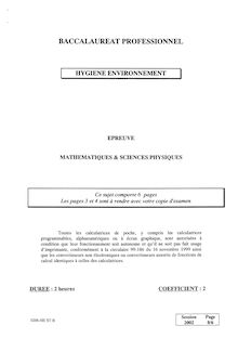 Mathématiques et sciences physiques 2002 Bac Pro - Hygiène et environnement