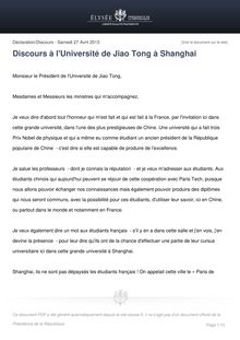 Discours de François Hollande à l université de Jiao Tong à Shanghai