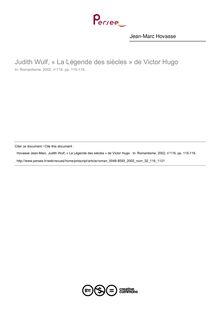 Judith Wulf, « La Légende des siècles » de Victor Hugo   ; n°116 ; vol.32, pg 115-116