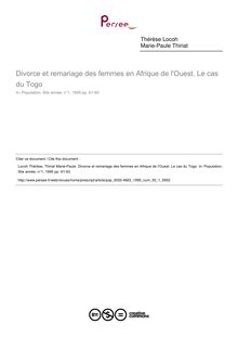 Divorce et remariage des femmes en Afrique de l Ouest. Le cas du Togo - article ; n°1 ; vol.50, pg 61-93