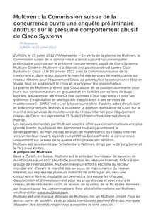 Multiven : la Commission suisse de la concurrence ouvre une enquête préliminaire antitrust sur le présumé comportement abusif de Cisco Systems