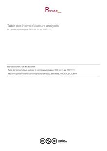Table des Noms d Auteurs analysés - table ; n°1 ; vol.31, pg 1097-1111