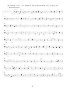 Partition Continuo (violoncelles, Basses, clavier), Mass, Krönungsmesse ; Coronation Mass ; Mass No.15 ; Missa par Wolfgang Amadeus Mozart