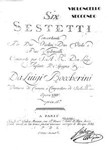 Partition violoncelle 2, 6 corde sextuors, G.454-459 (Op.23), Six Sestetti Concertanti