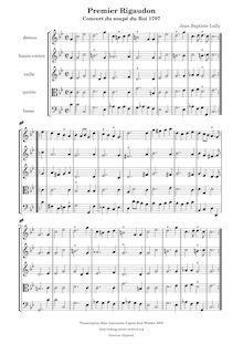 Partition Premier Rigaudon, Concert de violons et de hautbois donné pour le souper du Roy le seize janvier 1707 par Jean-Baptiste de Lully