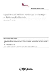 Exposé introductif : Structures monastiques, Société et Eglise en Occident aux XIe-XIIe siècles - article ; n°1 ; vol.5, pg 11-23
