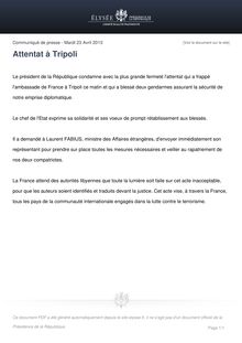 Attentat de Tripoli (Communiqué de presse de l Elysée)
