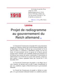 Projet de radiogramme au gouvernement du Reich allemand