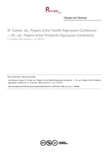 W. Cowan, ed., Papers of the Twelfth Algonquian Conference. — ID., ed., Papers of the Thirteenth Algonquian Conference  ; n°1 ; vol.23, pg 160-161