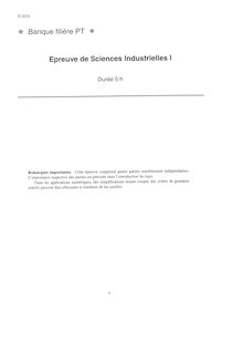 Sciences Industrielles A 2001 Classe Prepa PT Banque Filière PT