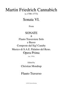 Partition flûte, Sonate a Flauto Traversiere Solo e Basso Composte dal Sigr. Canaby Musico di S.A.E. Palatino del Reno. par Martin Friedrich Cannabich