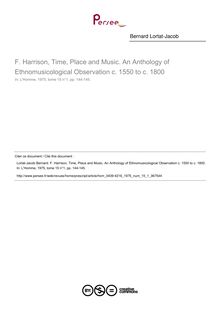 F. Harrison, Time, Place and Music. An Anthology of Ethnomusicological Observation c. 1550 to c. 1800  ; n°1 ; vol.15, pg 144-145