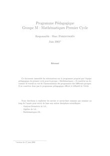 Programme Pédagogique Groupe M : Mathématiques Premier Cycle