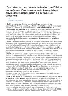 L autorisation de commercialisation par l Union européenne d un nouveau soja transgénique ouvre des marchés pour les cultivateurs brésiliens