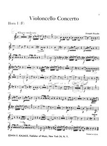 Partition cor 1, 2 (en F), violoncelle Concerto No.2, D major, Haydn, Joseph