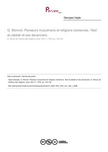 G. Monnot. Penseurs musulmans et religions iraniennes.  Abd al-Jabbâr et ses devanciers  ; n°1 ; vol.189, pg 103-105
