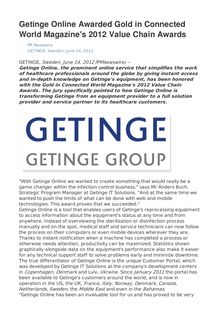 Getinge Online Awarded Gold in Connected World Magazine s 2012 Value Chain Awards